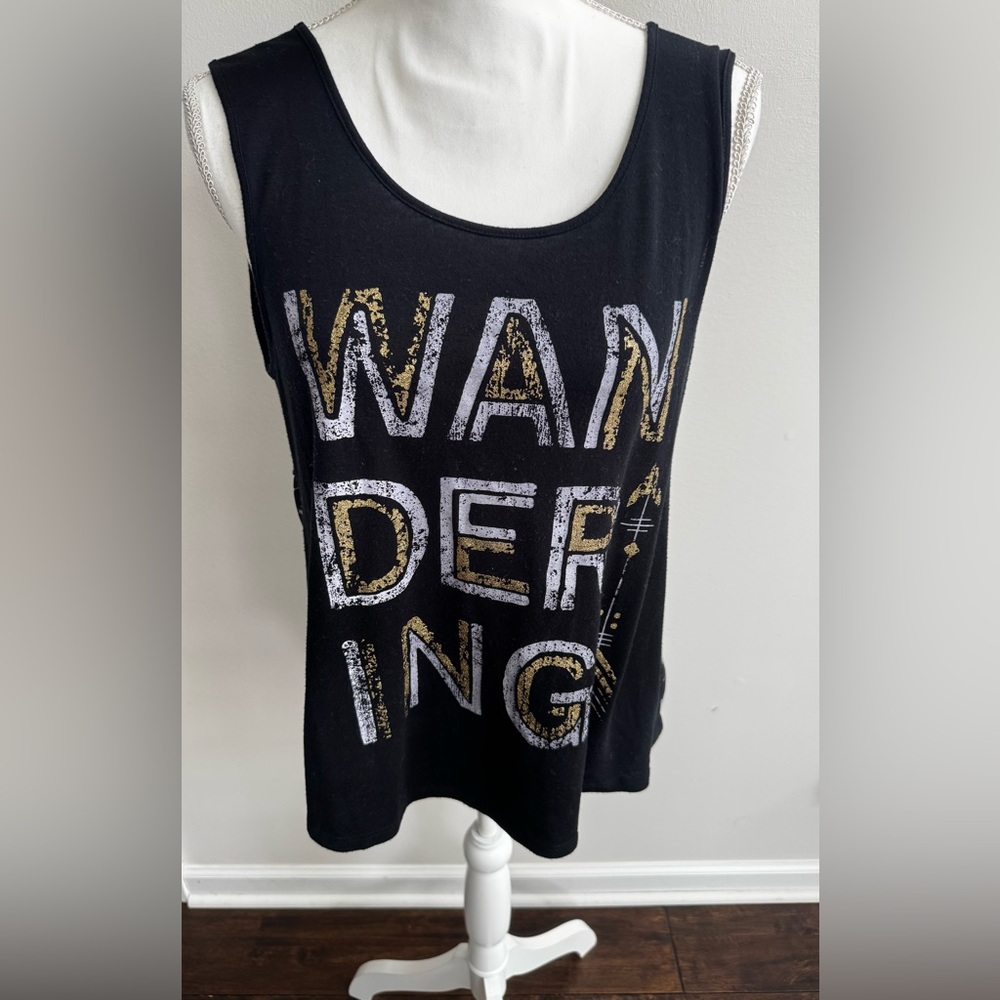 About A Girl Black Tank Top with Gold and White Print